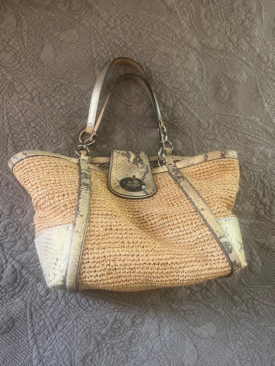 Coach Handbags - Coach Straw Hampton Python Trim Tote Shoulder Hobo Bag w/ Turn Lock Zebra Lined